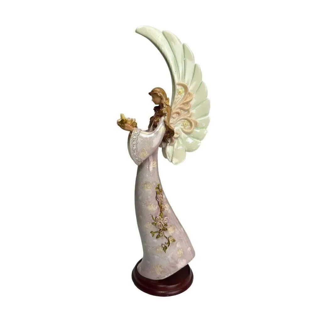 Beautiful Standing Floral Angel Ceramic Figurine Pink 12.5” Tall On Wood Base